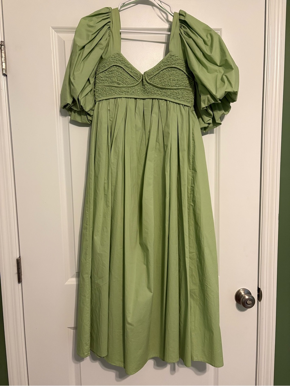 Puff Sleeve Smocked Midi Dress in Sage Green